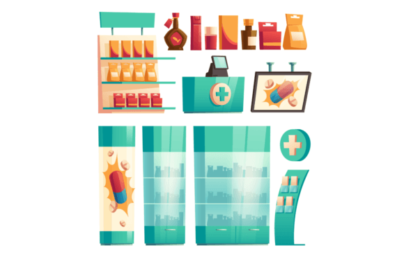 Download Pharmacy, Drugstore Shelves with Medicines, Showcase with Pills - Drugstore Collection