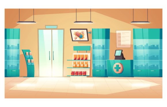 Download Pharmacy Interior, Modern Drugstore with Counter, Medical Products, and Vitamins on Shelves - Drugstore Collection